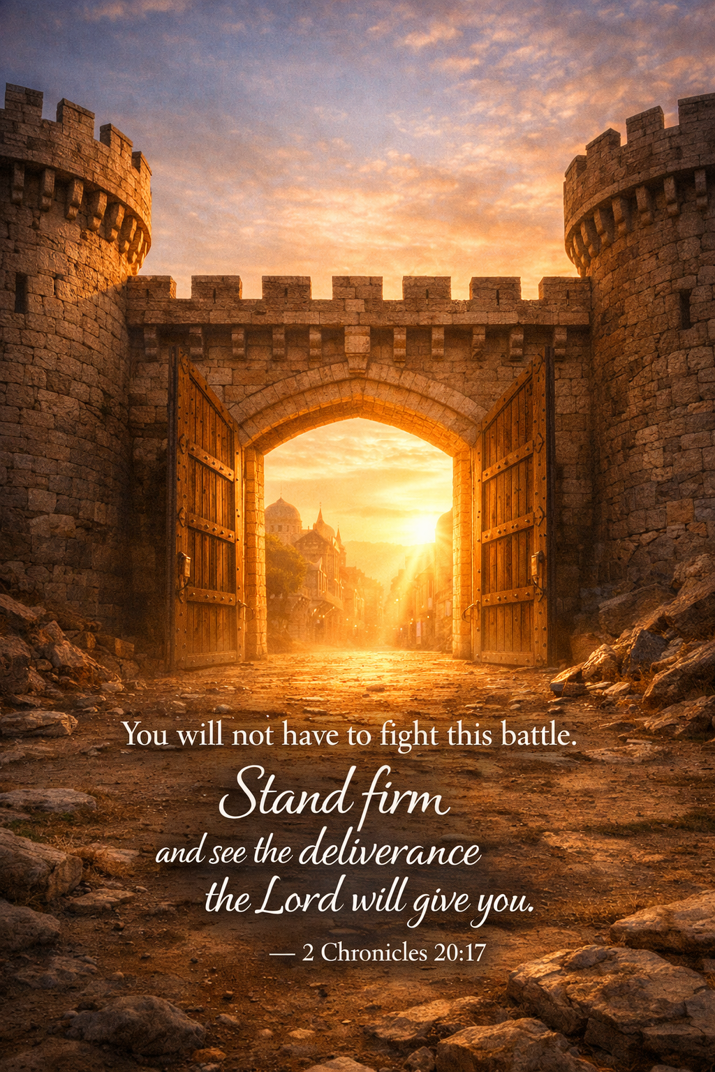 2 Chronicles 20:17 phone wallpaper open fortress gates at dawn victory without fighting